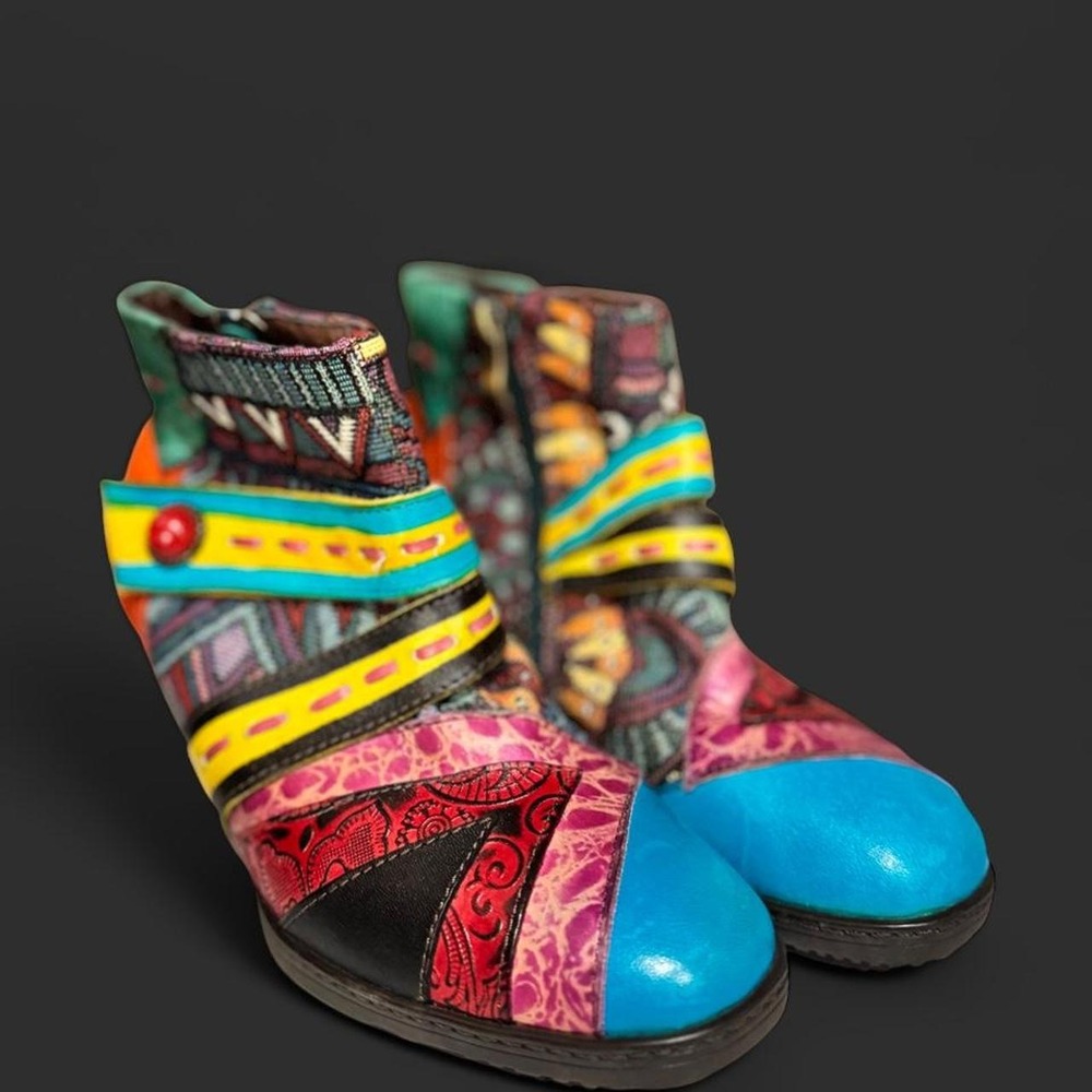 Socofy Multicolor Patchwork Leather Ankle Boots Boho Aztec Booties Womens Size 6